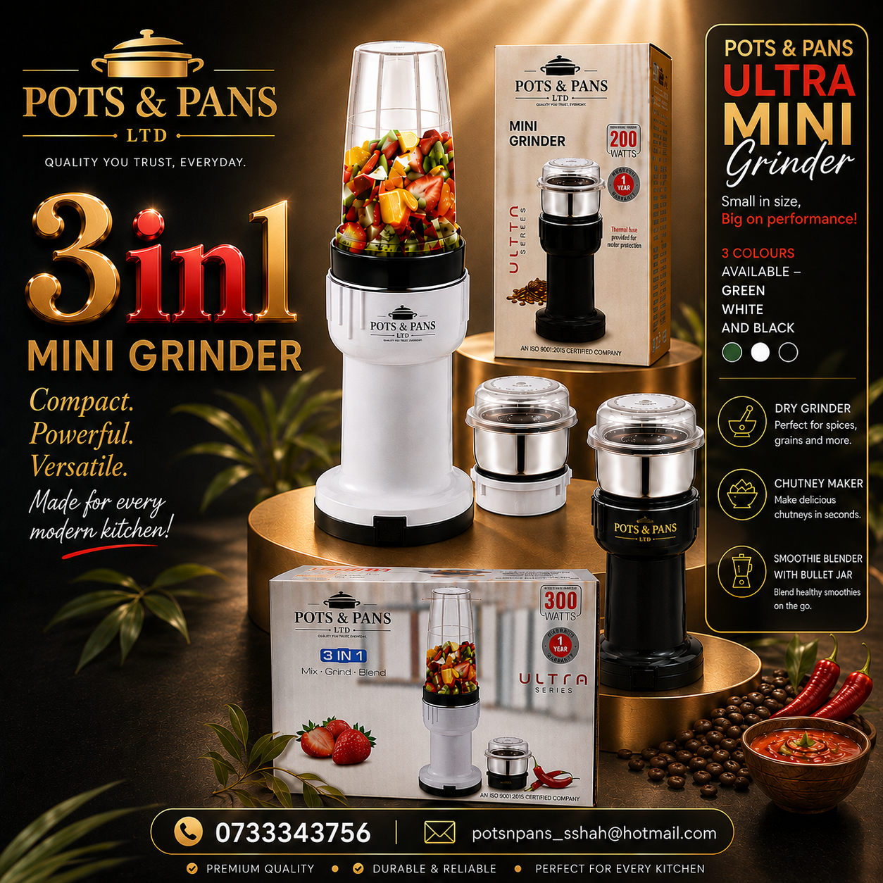 3-in-1 Mini Grinder — dry grinder, chutney maker and smoothie blender by POTS & PANS (2002) LTD