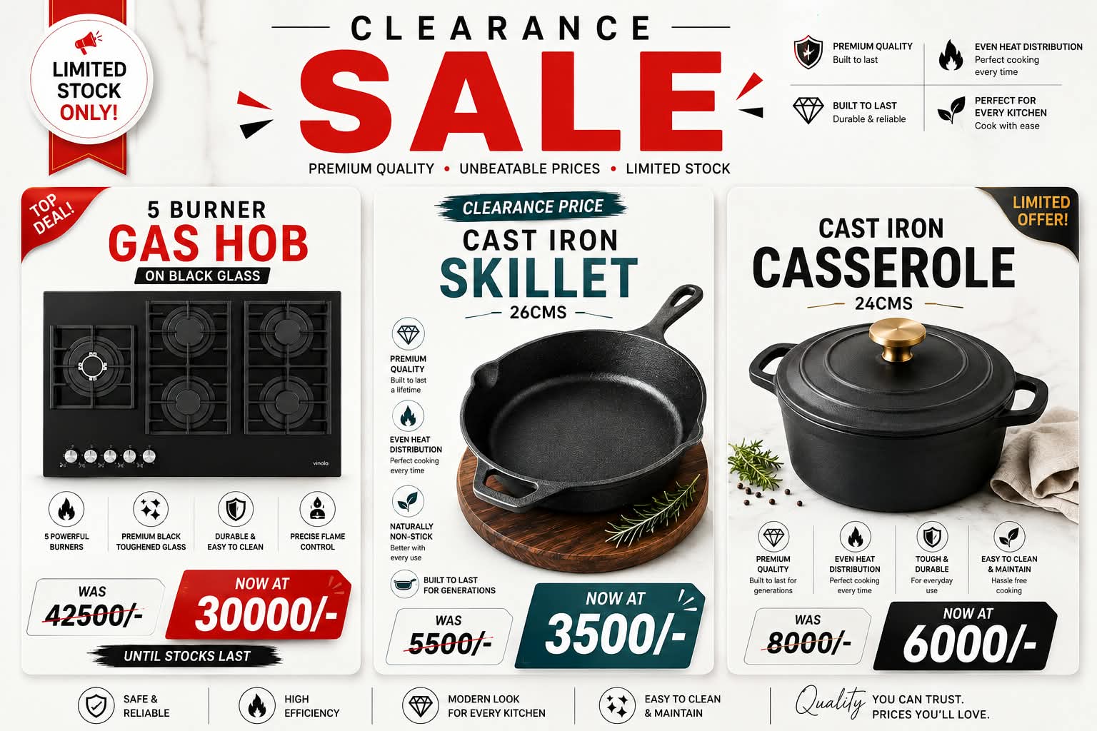 Clearance Sale — 5 Burner Gas Hob, 26cm Cast Iron Skillet and 24cm Cast Iron Casserole at unbeatable prices